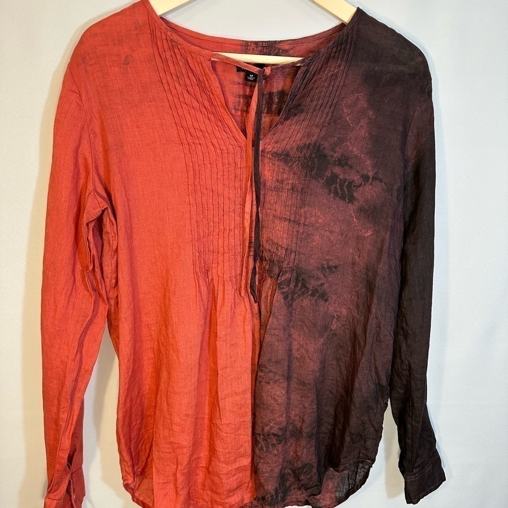Ann Taylor 100% Linen Tie Dye Boho Purple Roll Up Tab Long Sleeve Shirt Blouse M